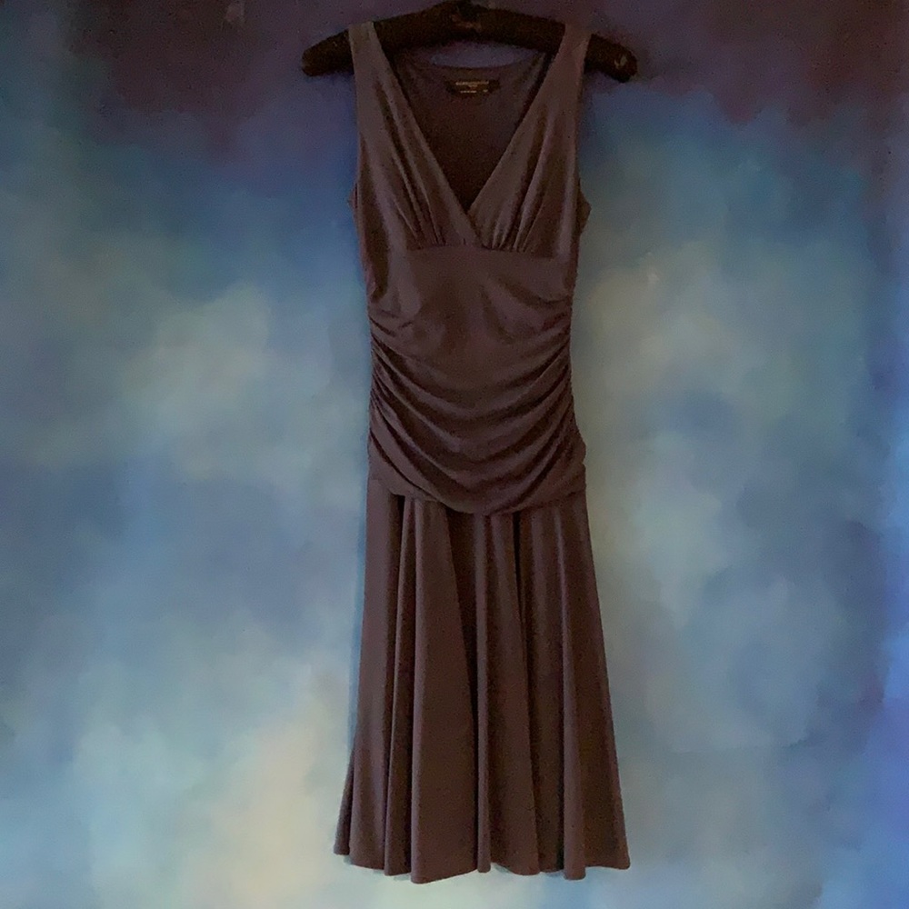 BCBGMaxAzria charcoal colored side ruched dress. Sleeveless.